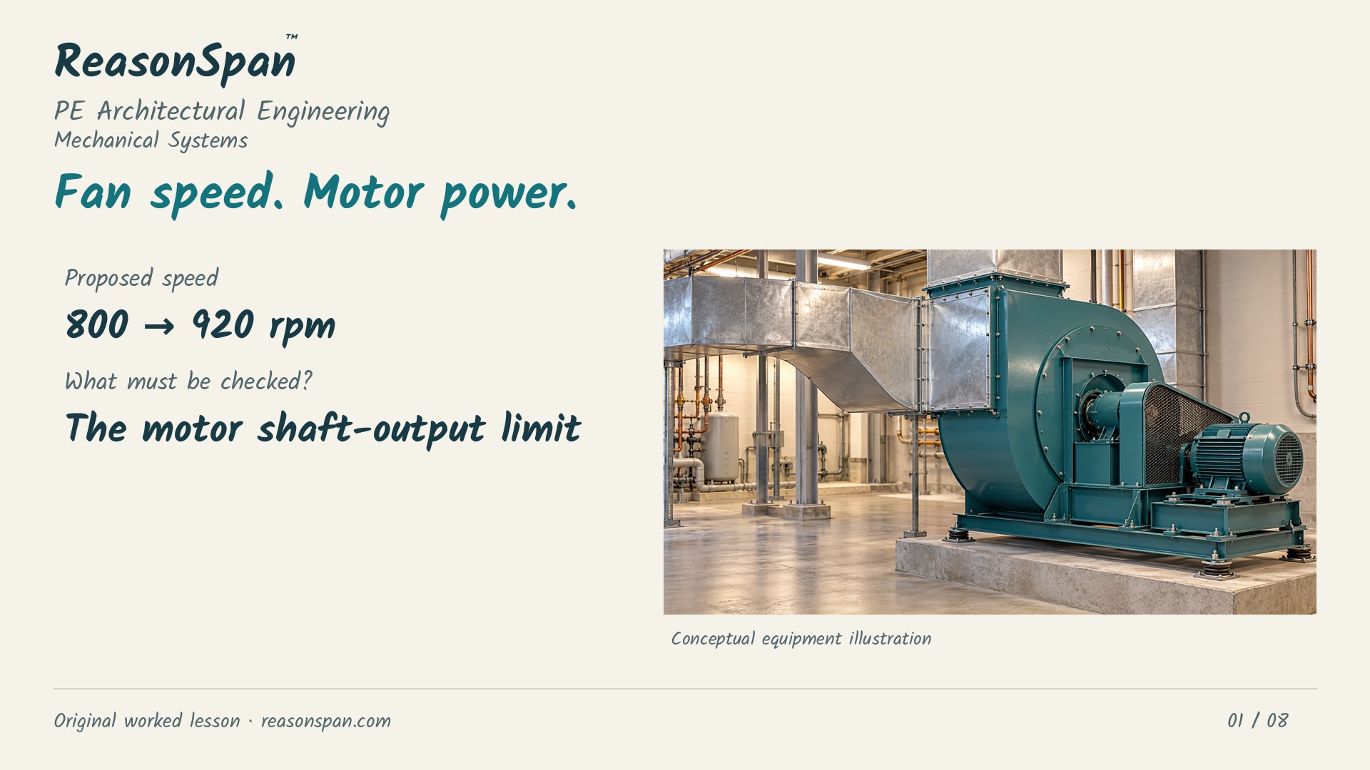Narrated worked lesson: Fan affinity laws: check airflow, pressure and motor power