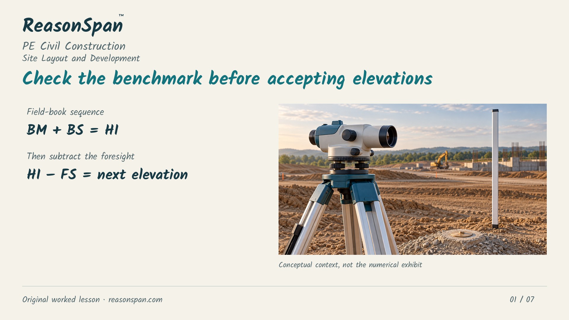 Narrated worked lesson: Level-loop closure: check a benchmark before using elevations