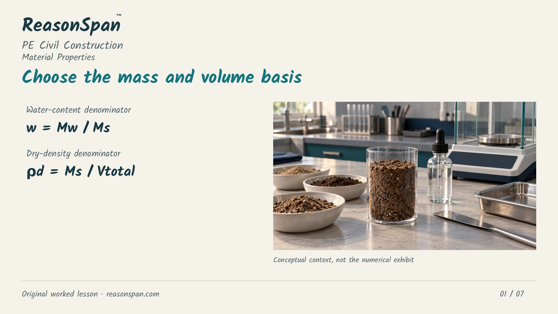 Narrated worked lesson: Moisture and density: use dry mass and total specimen volume