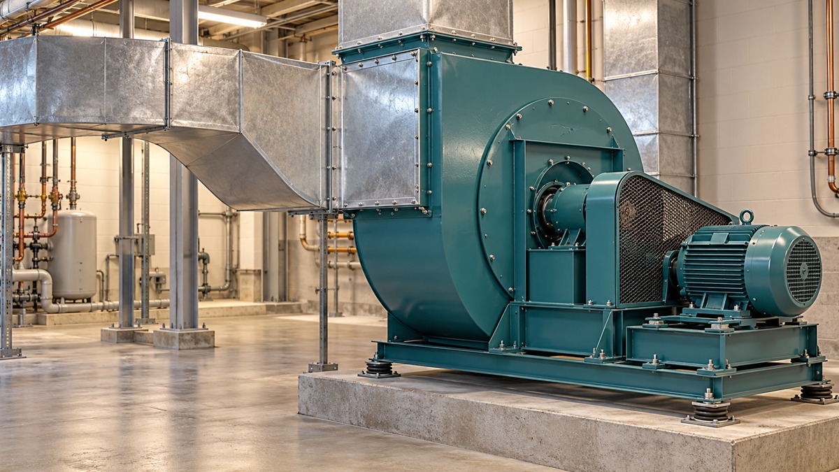 Conceptual illustration of a centrifugal ventilation fan, motor and ductwork in a commercial mechanical room.