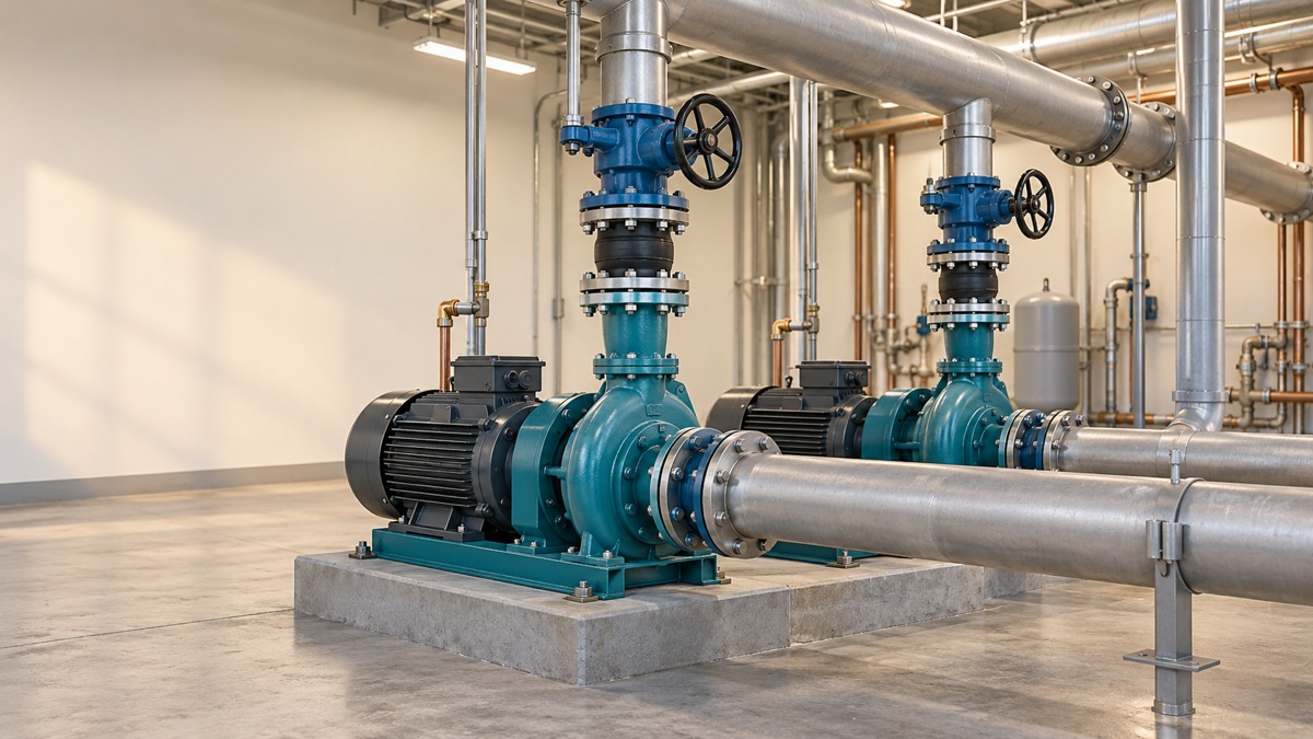 Conceptual illustration of two identical centrifugal pumps connected to common piping in a mechanical room.
